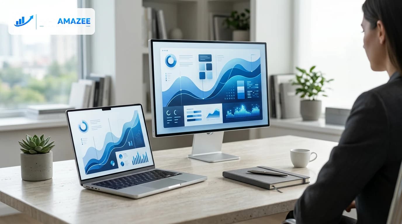 Webamazee growth strategy studio with branded search and marketing visualisations